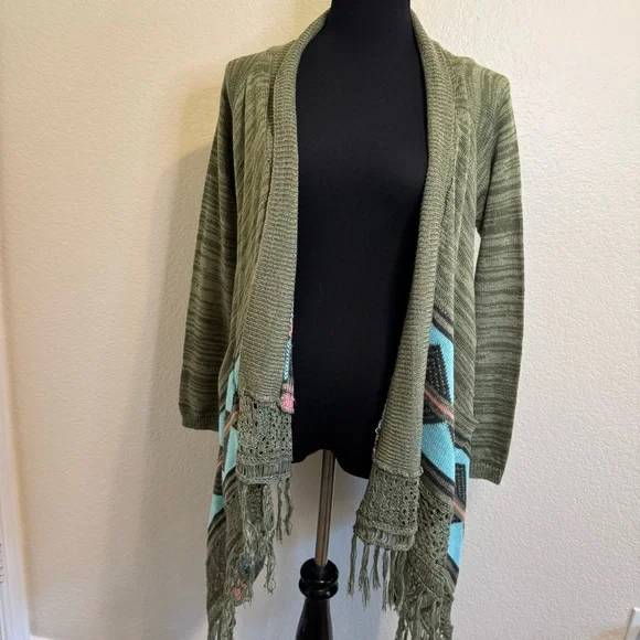 Altar'd State Sage Green Knit Cardigan with Fringe and Pockets - S - Picture 6 of 14